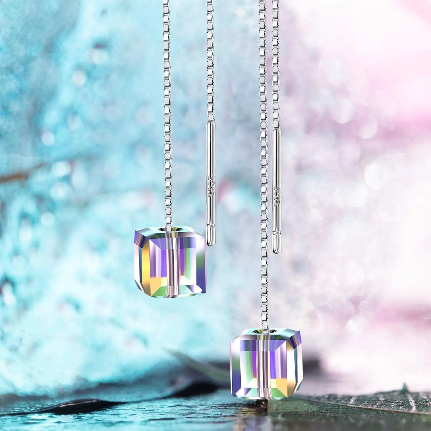 Aurora Borealis Elements Dangling Earrings in 18K White Gold