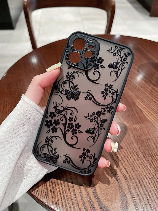 Contrast Frame Flower Butterfly Print Phone Case