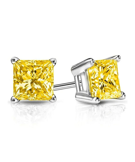 6mm Princess Stud Earring With Austrian Crystals -Yellow in 18K White
